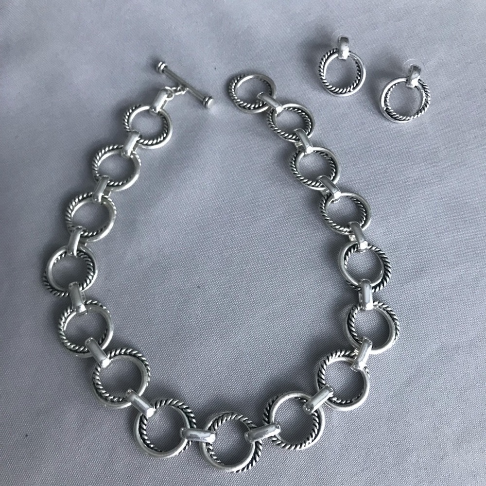 Silver Chain Link Necklace & Earrings Set